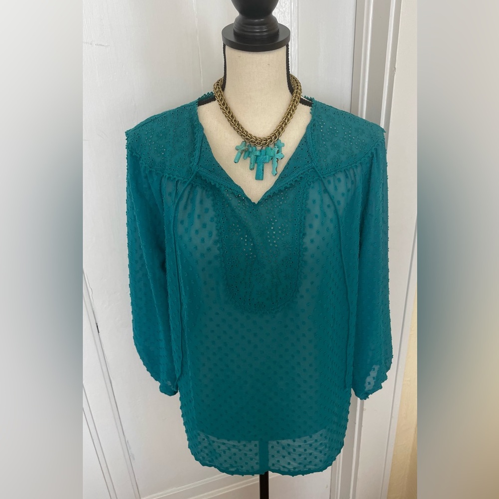 Matilda Jane NWT Women's Medium Shirt Top Teal Blue/Green Sheer Swiss Dot Size M - Picture 2 of 10